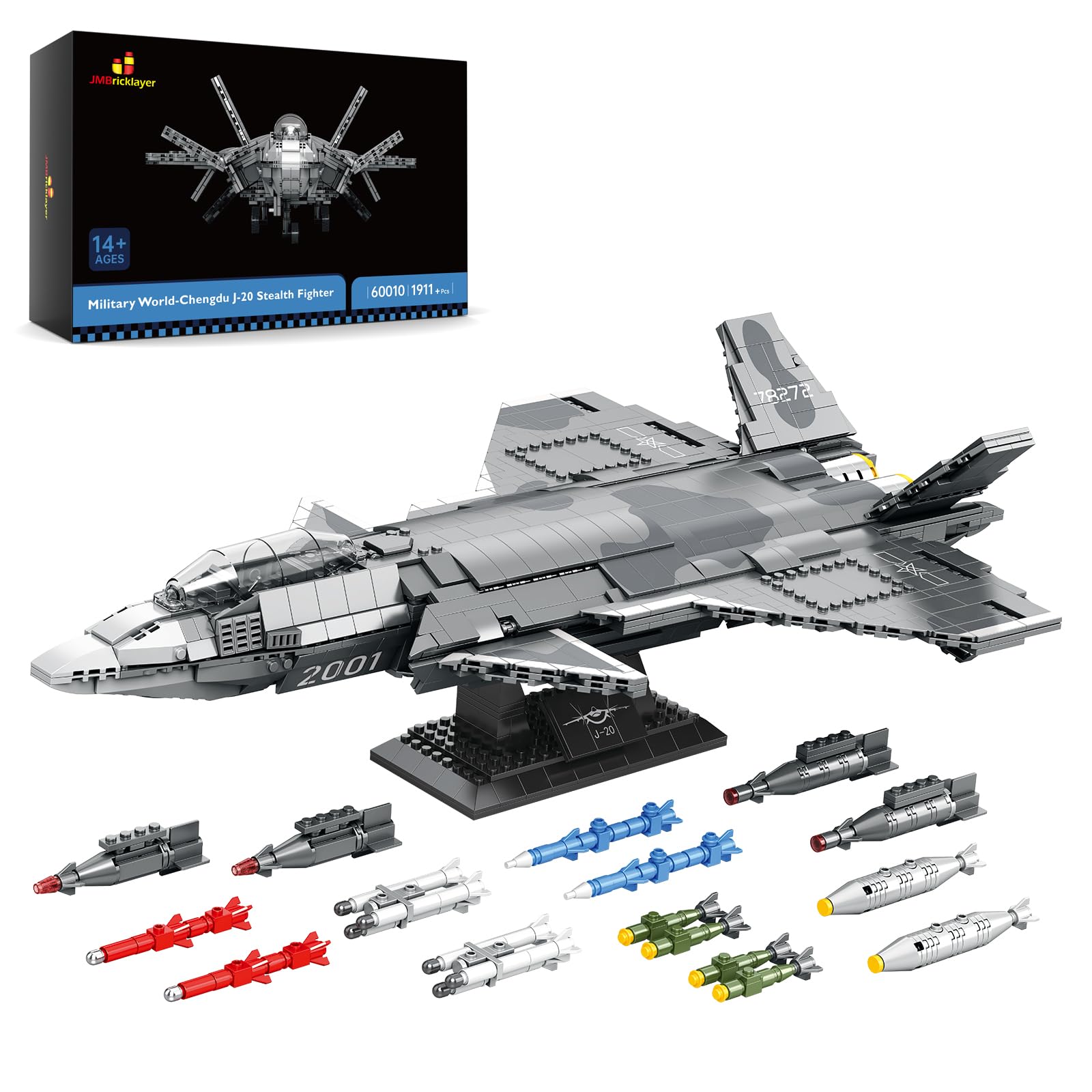 JMBricklayer Military Chengdu J-20 Stealth Fighter Building Sets 60010, Army Air Plane Display Model Toy, Aeroplane Collection Gifts for Adults Kids 8+ (1911Pcs)