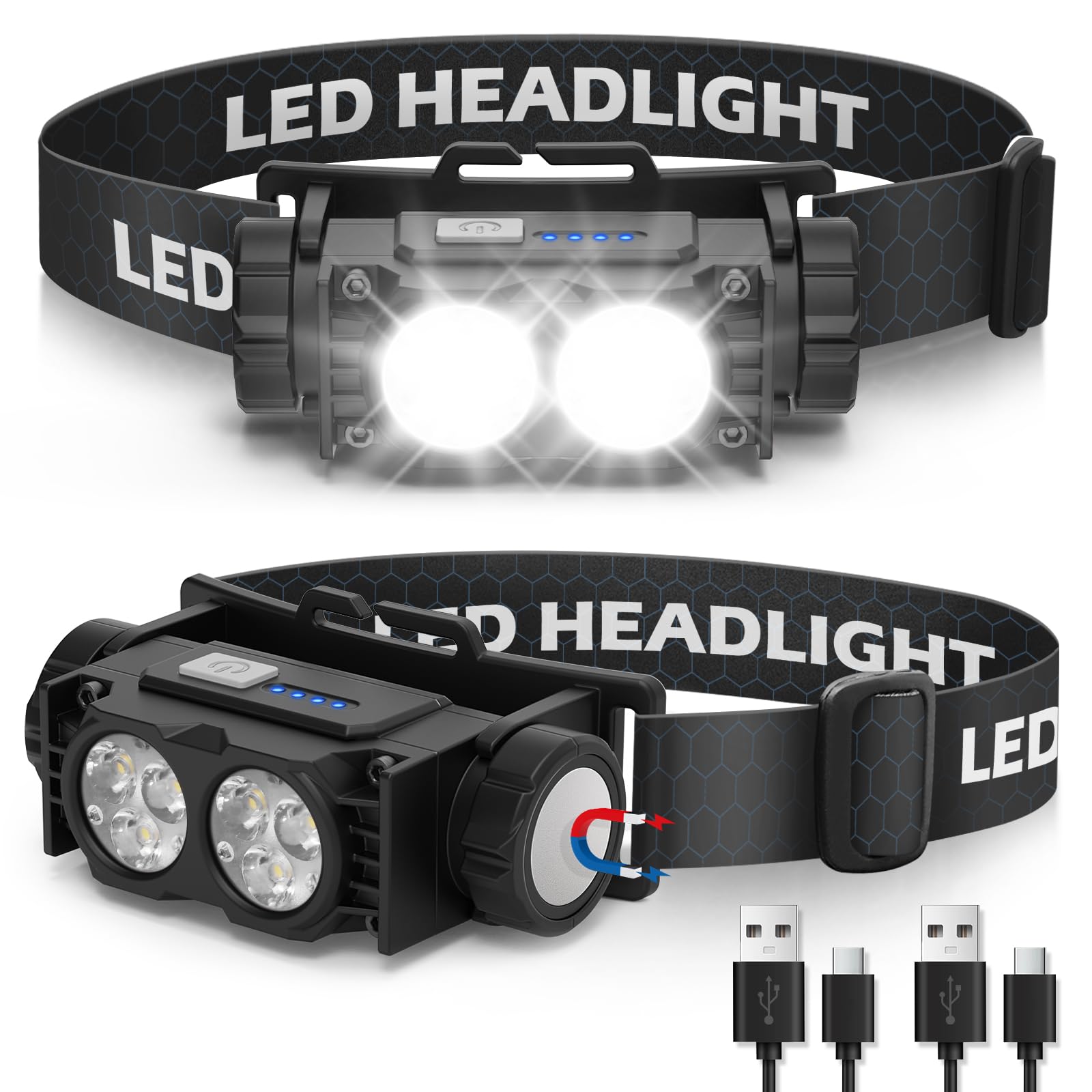 Hyted Head Torch Rechargeable, 2 Packs Super Bright 2000 Lumens LED Headlamp Headlight, 3 Light Modes, Waterproof Headtorch for Camping, Running,Cycling,Fishing（Black）