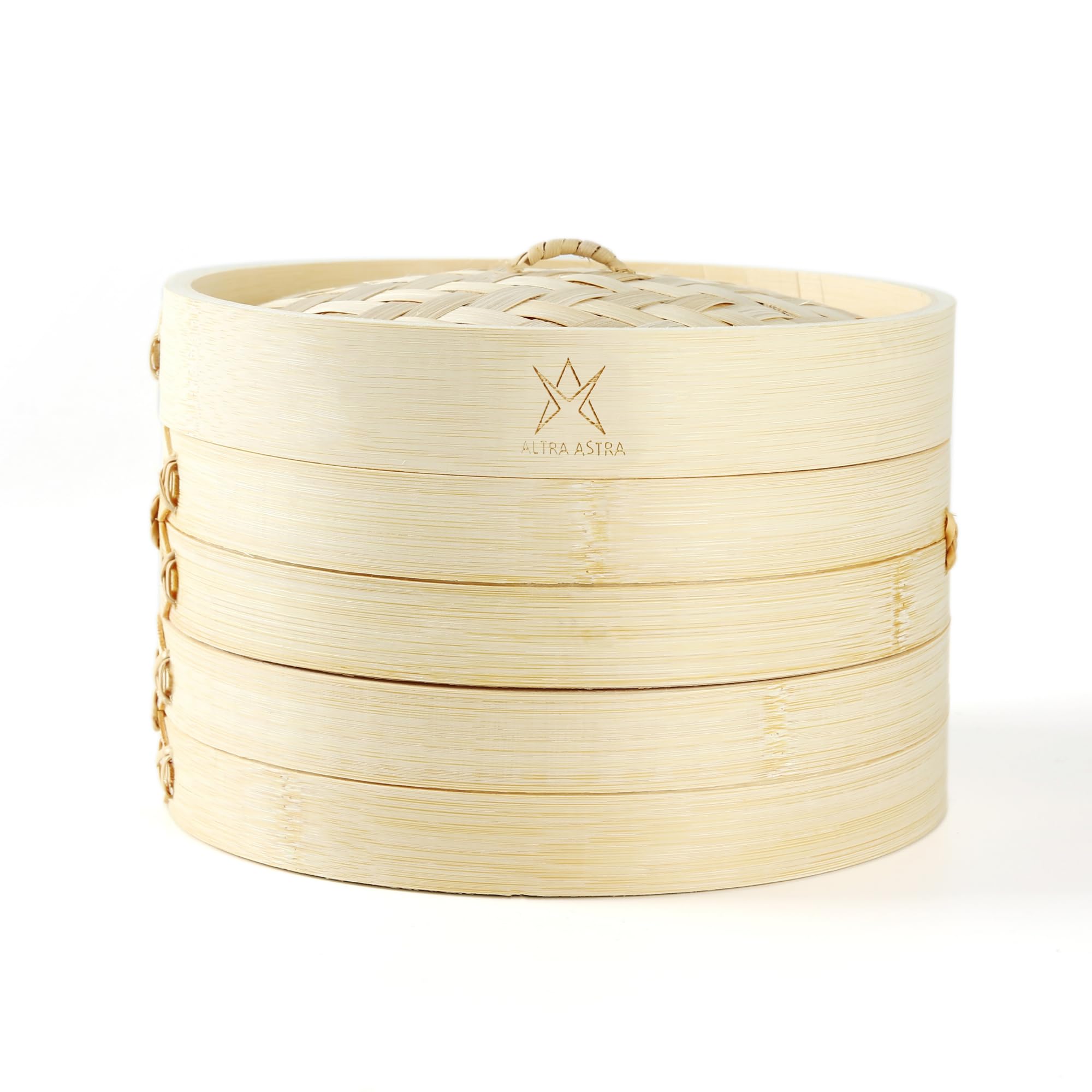 Altra Astra Bamboo Steamer - 8 inch, 100% Glue Free Construction with Reusable Cotton Sheets, Perfect for Healthy Steaming of Dim Sum, Bao Buns, Vegetables, Meat & Fish, 2 Tiered Basket