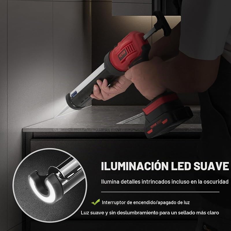 Pistola de Cartucho Inalámbrica de 300 ml Pistola de Calafateo Eléctrica de 20 V Pistola de Silicona con Batería de 2,0 Ah Cargador Rápido Antigoteo 4 Velocidades para Calafatear, Llenar, Sellar