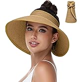 Sun Hats Visor for Women, UV UPF Straw Beach Hat Foldable Wide Brim Ponytail Summer Hats Packable Travel