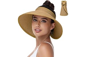 ZOORON Sun Hats Visor for Women, UV UPF Straw Beach Hat Foldable Wide Brim Ponytail Summer Hats Packable Travel
