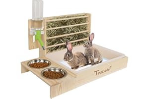 Teabelle 4 in 1 Rabbit Litter Box with Hay Feeder and Bowls, Multifunction Wooden Bunny Guinea Pig Hay Feeder, Small Pet Cage