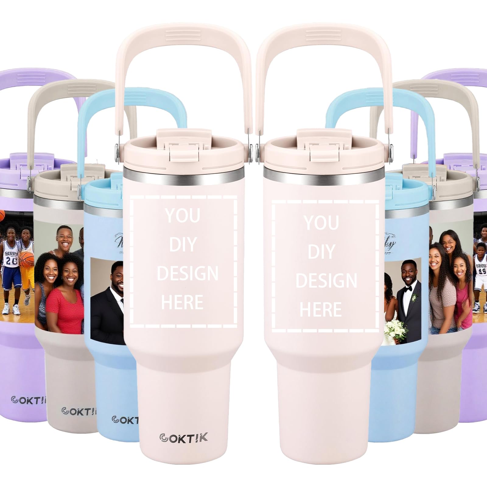 Photo 1 of COKTIK 40 OZ Personalized Customized Water Bottle (with handle and straw), Stainless Steel Heat-Resistant Mug, Travel Cup | Custom Name, Image | Suitable for Holiday Gifts (Beige)