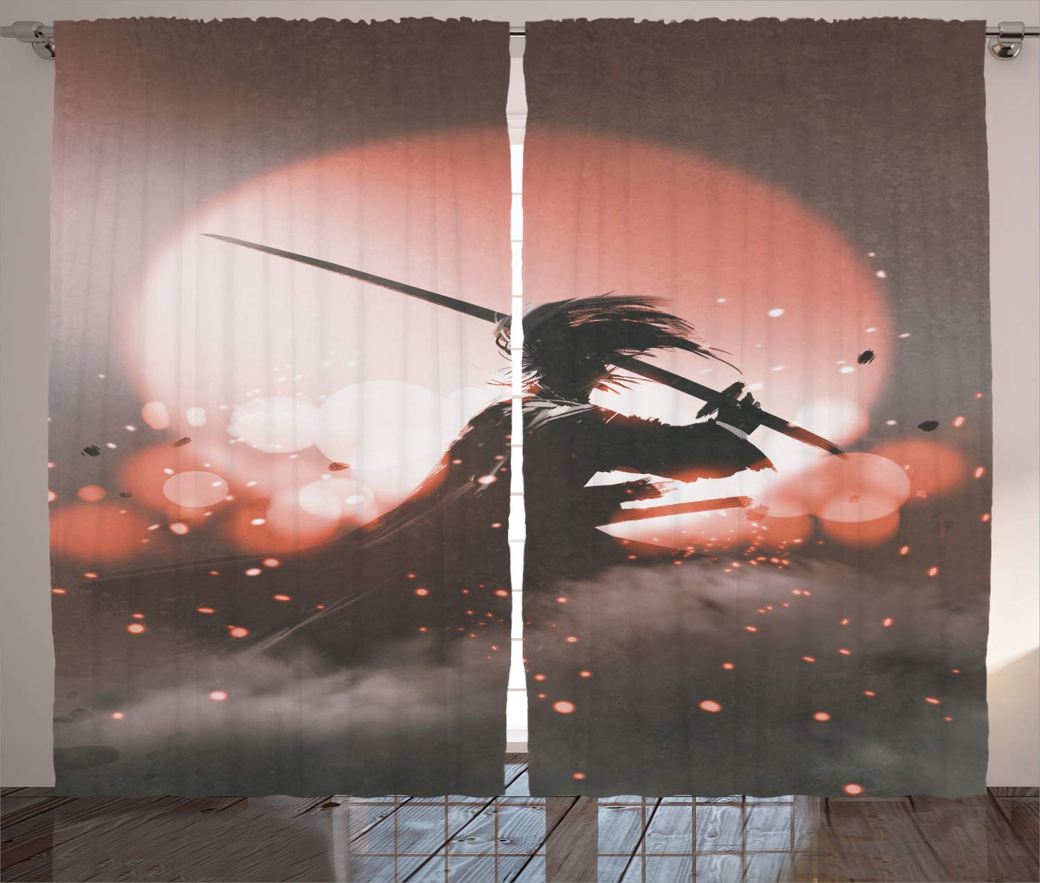 ABAKUHAUS Japanese Curtains, Reflection of Samurai Practicing Hazy Sunset Background Free from Death Concept, Living Room Bedroom Window Drapes 2 Panel Set, 280 x 225 cm, Salmon Umber Brown — image 1