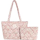 Linpr Floral Puffer Tote Bag Set for Women, Quilted Cotton Shoulder Bag with Zippered Pouch, Small Cute Totes