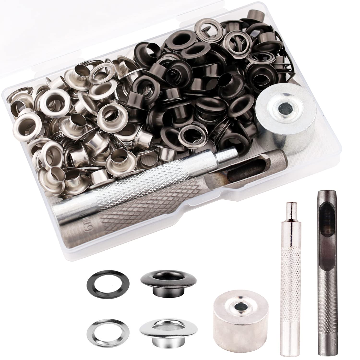 Grommet Tool Kit, 1/4" Grommets Eyelets Sets, 110 Set Eyelets Kit with 3 Pcs Installation Tools and 1 Pcs Storage Box, Stainless Steel Grommets for Fabric, Tarps, Leather, Clothing (Black and Silver)