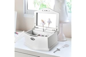 Jozen Gift Wooden Ballerina Medium White Musical Jewelry Box with Mirror and Lock for girls，Kid's Jewelry Storage Music Box,G