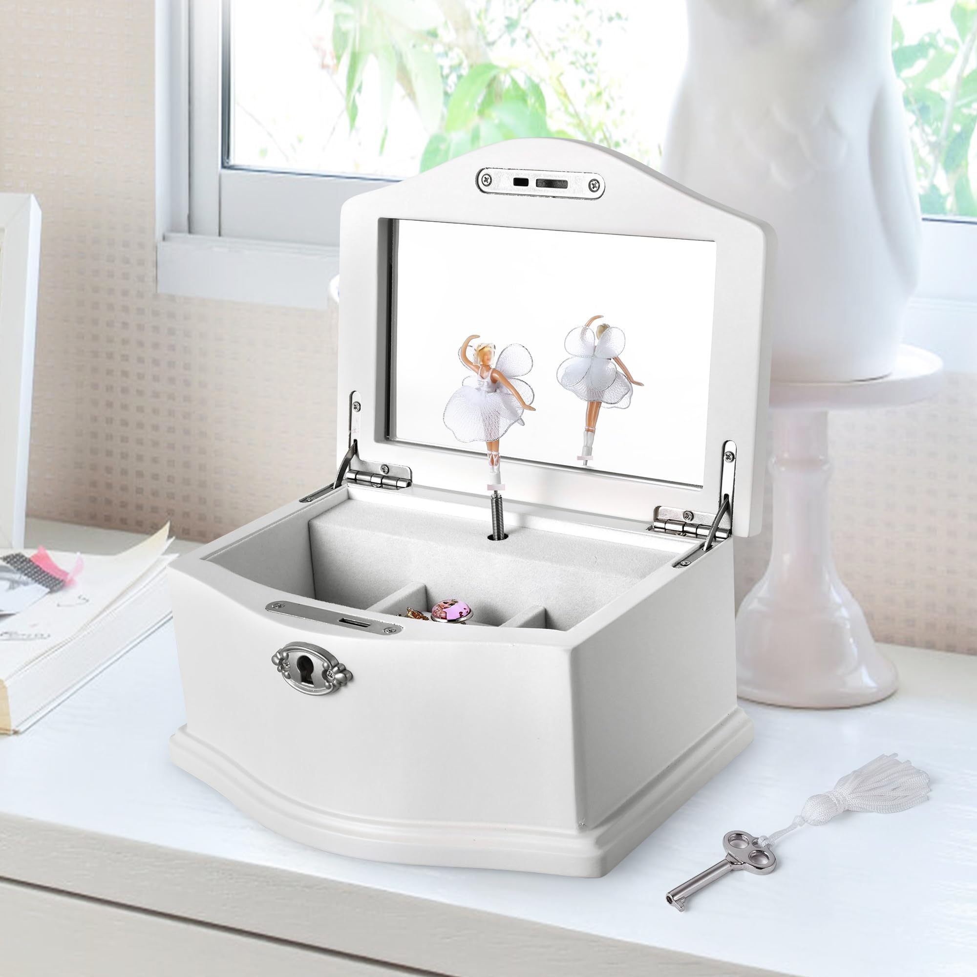 Photo 1 of Jozen Gift Wooden Ballerina Medium White Musical Jewelry Box with Mirror and Lock for girls?Kid's Jewelry Storage Music Box,Gifts for Christmas,Birthday and all Holidays