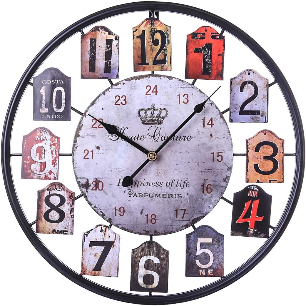Searchyou - Large Shabby Chic Wall Clock, 50CM/20Inch Big Metal Round Old Personalised Silent Wall Clocks for Living Room, Kitchen, Bedrooms, Office, Cafe, Bar Art Deco