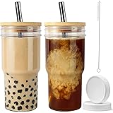 Xeiwagoo Reusable Boba Cup Smoothie Tumbler Glass Bubble Tea Cup, 2 Pack Wide Mouth 22oz Iced Coffee Glasse Cup with Bamboo L