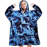 Gocvo Wearable Blanket Hoodie Gifts for Adults Mom Women Men Oversized Fluffy Hoodie Cozy Hideout Hoodie Sweatshirt Sweater Blanket with Pocket (Tie-Dye-Blue)