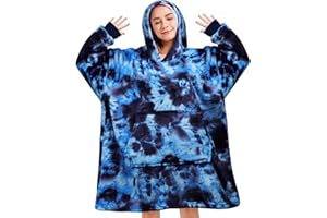 Gocvo Wearable Blanket Hoodie Gifts for Adults Mom Women Men Oversized Fluffy Hoodie Cozy Hideout Hoodie Sweatshirt Sweater Blanket with Pocket (Tie-Dye-Blue)