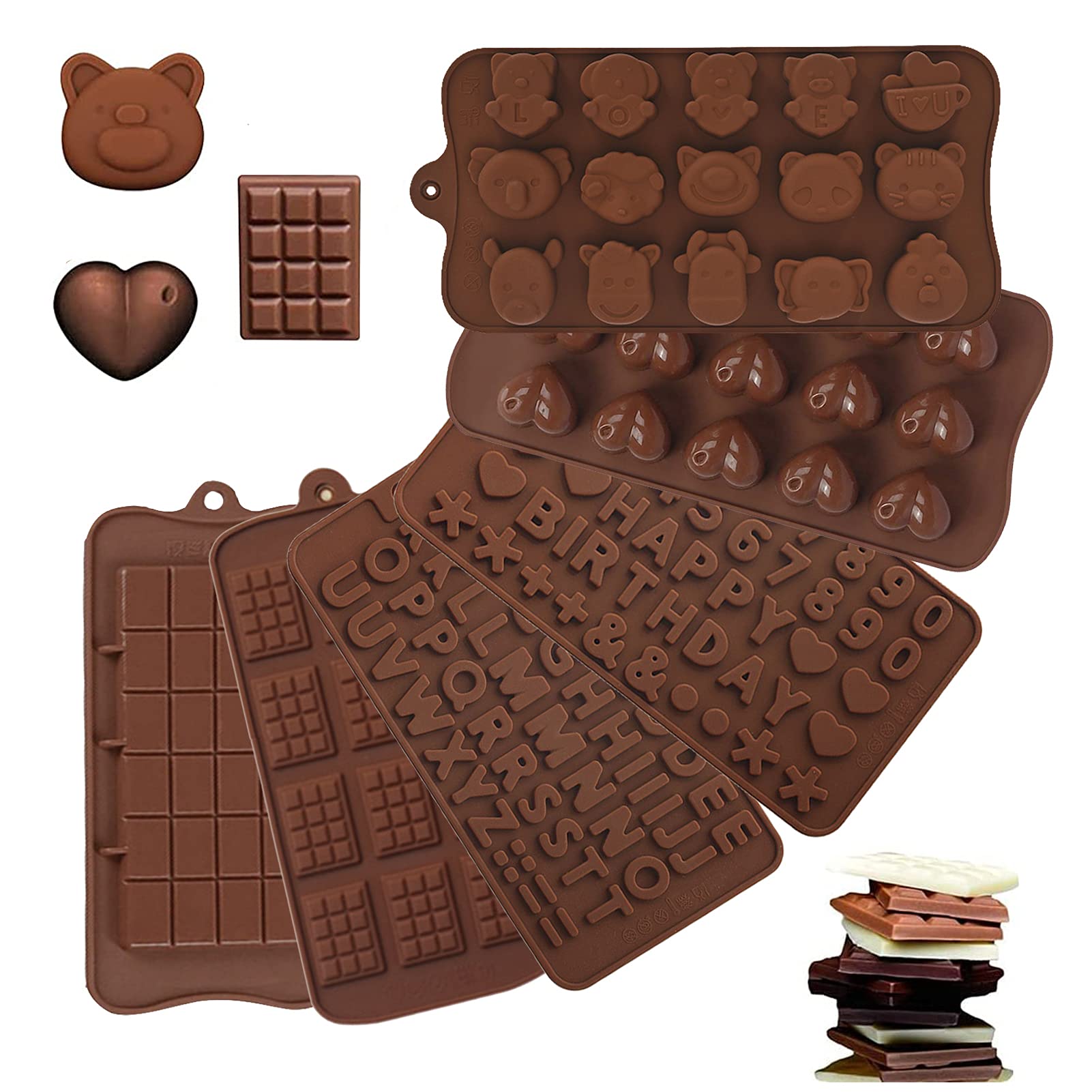 6 x Silicone Chocolate Bar Moulds for Chocolate and Candy Muffins - 6 Shapes - Non-Stick