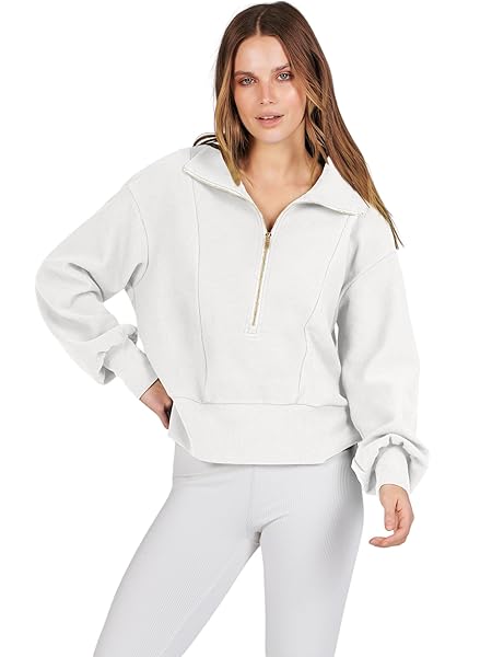 ANRABESS WOMEN HALF ZIP CROPPED SWEATSHIRT CASUAL FLEECE QUARTER ZIP HOODIES KNIT PULLOVER TOP 2024 FALL OUTFITS CLOTHES WHITE 1050BAISE-L