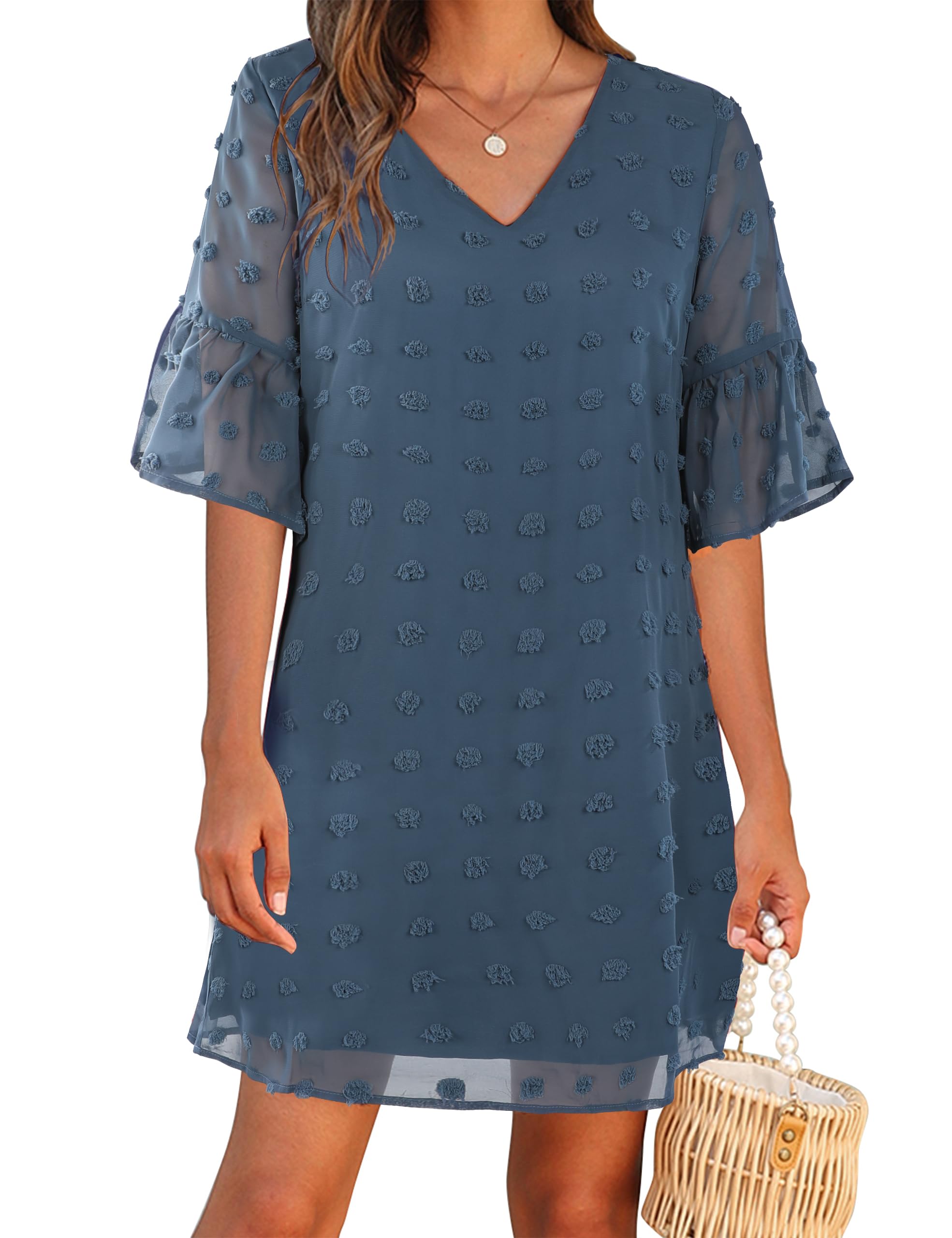 Photo 1 of Blooming Jelly Women's White Dresses Short Sleeve V Neck Ruffle Cute Sun Dress Chiffon Flowy Shift Mini Dress (L, Navy Blue)