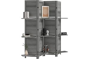 HOMCOM Room Divider, 4 Panel 67" Tall Wood Privacy Screen with 3 Display Shelves, and Folding Storage for Bedroom or Home Office, Gray