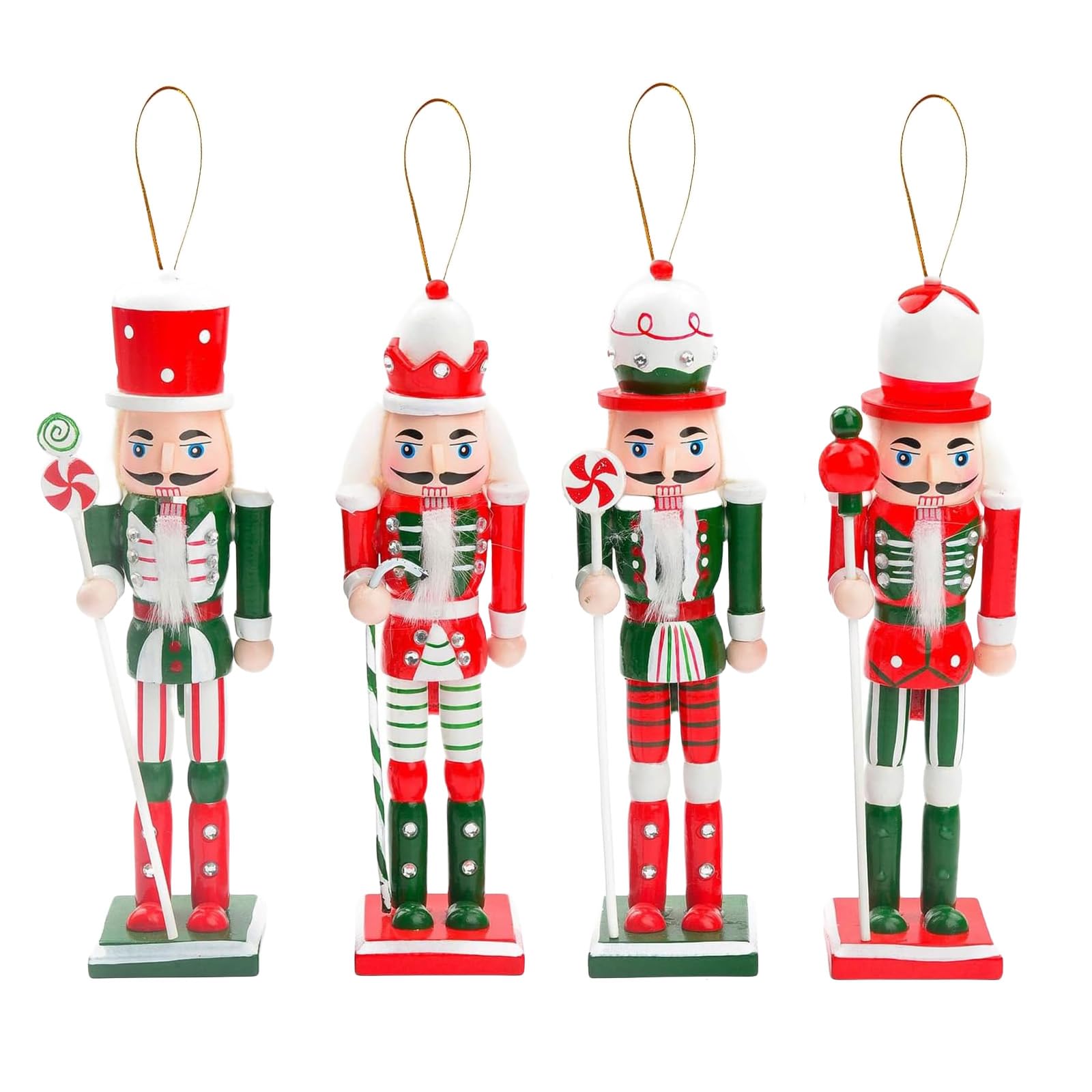 4p 12cm Red Green Wooden Christmas Nutcracker Soldier Ornaments,Christmas Tree Decorations Mini Nutcracker Figures Hanging Ornament,Nutcracker Soldier Puppet Doll Pendant for Tree Tradition Xmas Decor