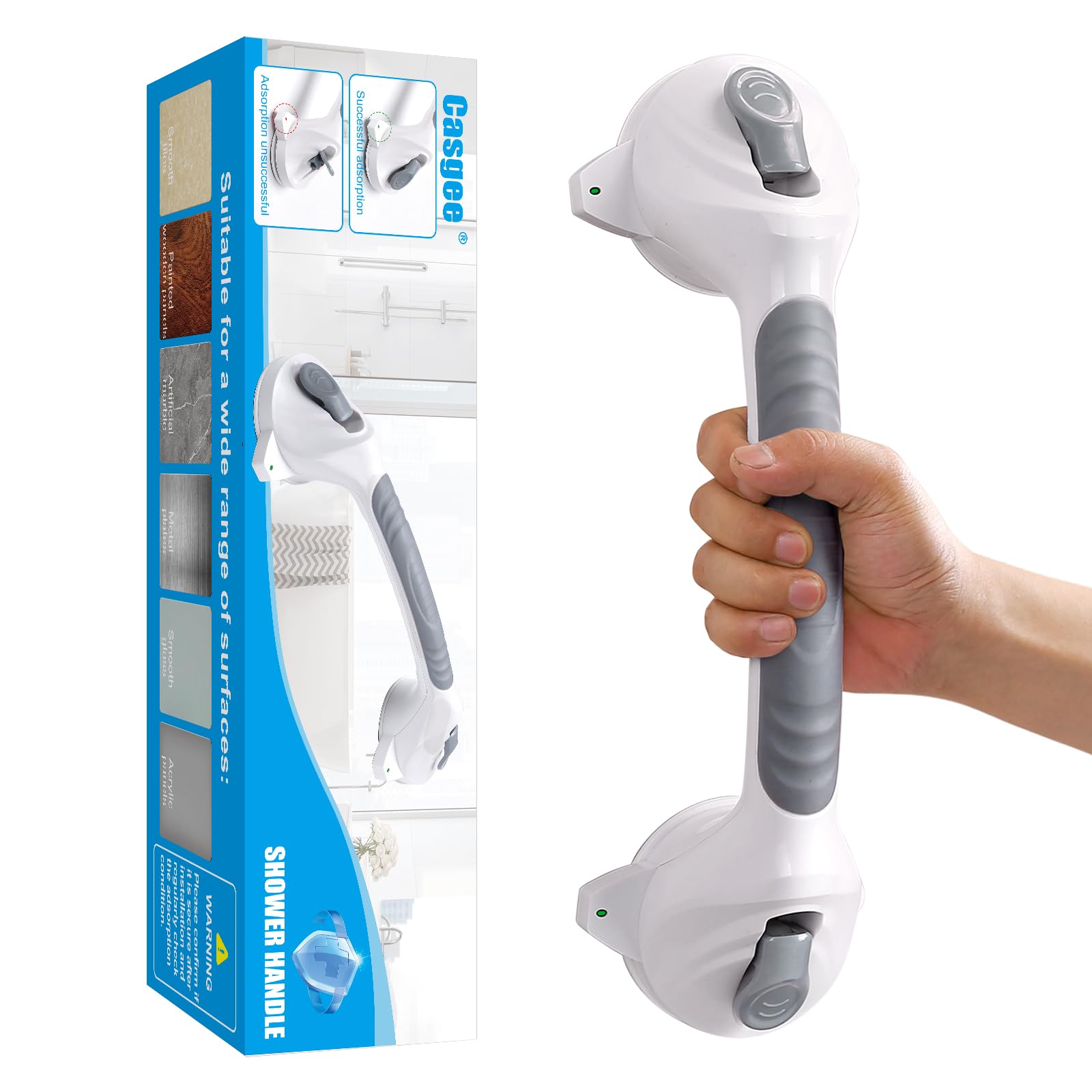Casgee Shower Handle, No Drilling, 38 cm Grab Bars for Seniors, Grab Rail with Suction Cup up to 110 kg, Bathtub Handle with Suction Warning, Portable Mobile Shower Handle, Toilet Non-Slip, Grey