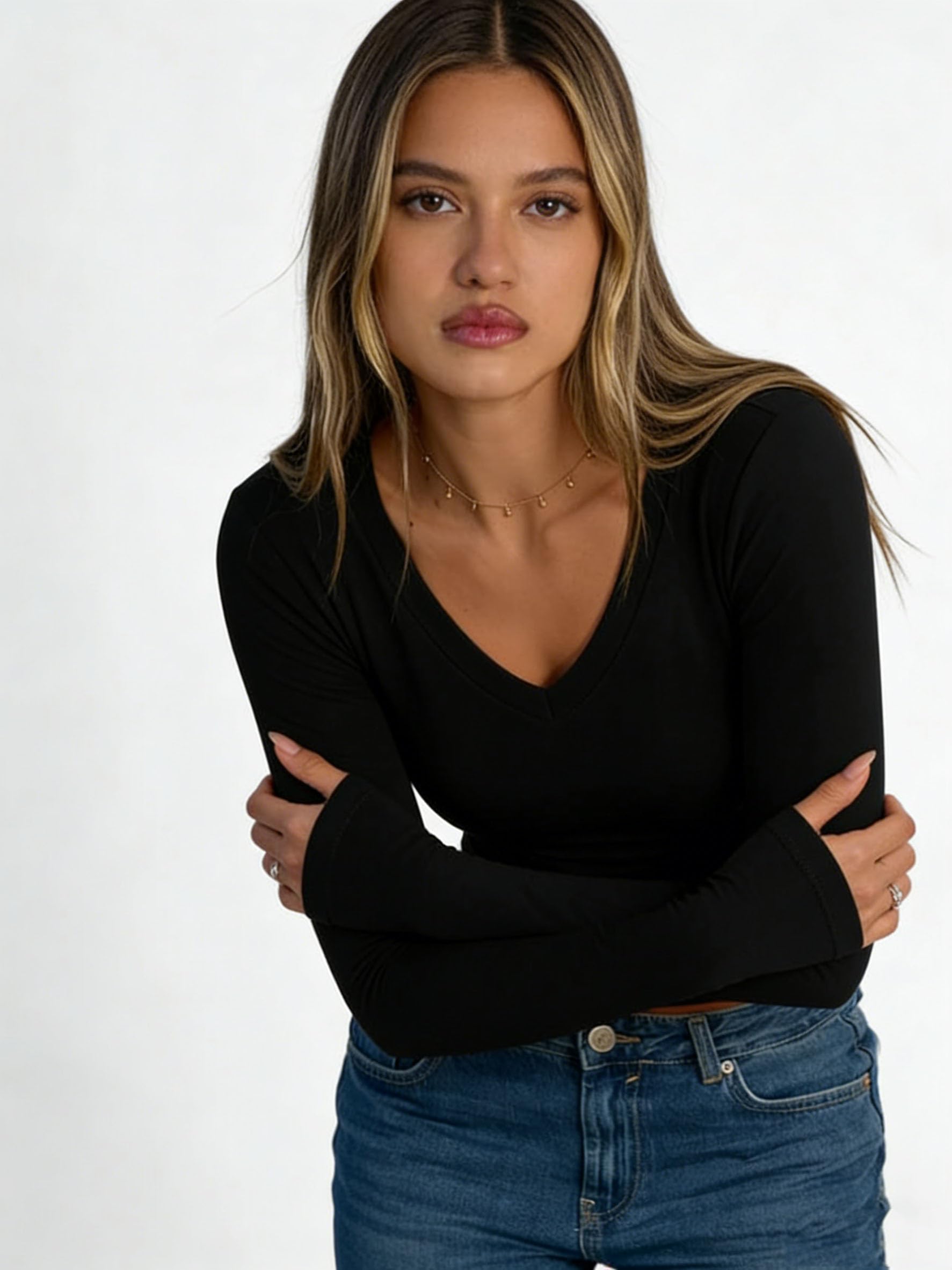 Am Direct Black Long Sleeve Shirt for Woman V Neck Slim Fit Tops Warm Workout Fall Trendy Tees XS