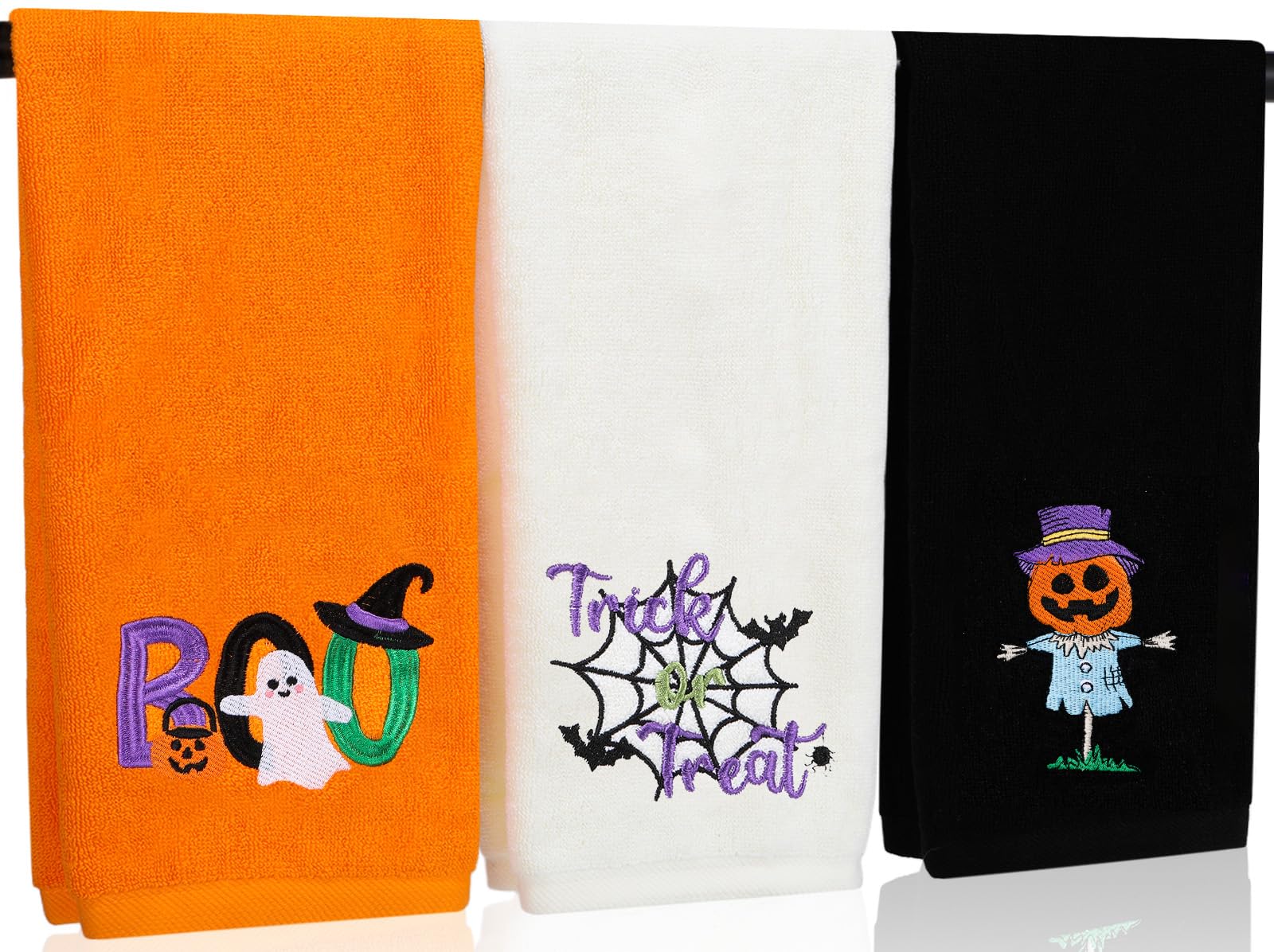 Aoclunar Halloween Hand Towels 3 Pack, Cotton Orange Black Beige Ghost Embroidered Decorative Towels for Bathroom & Kitchen Holiday Décor, 13.7 in × 29.5 in