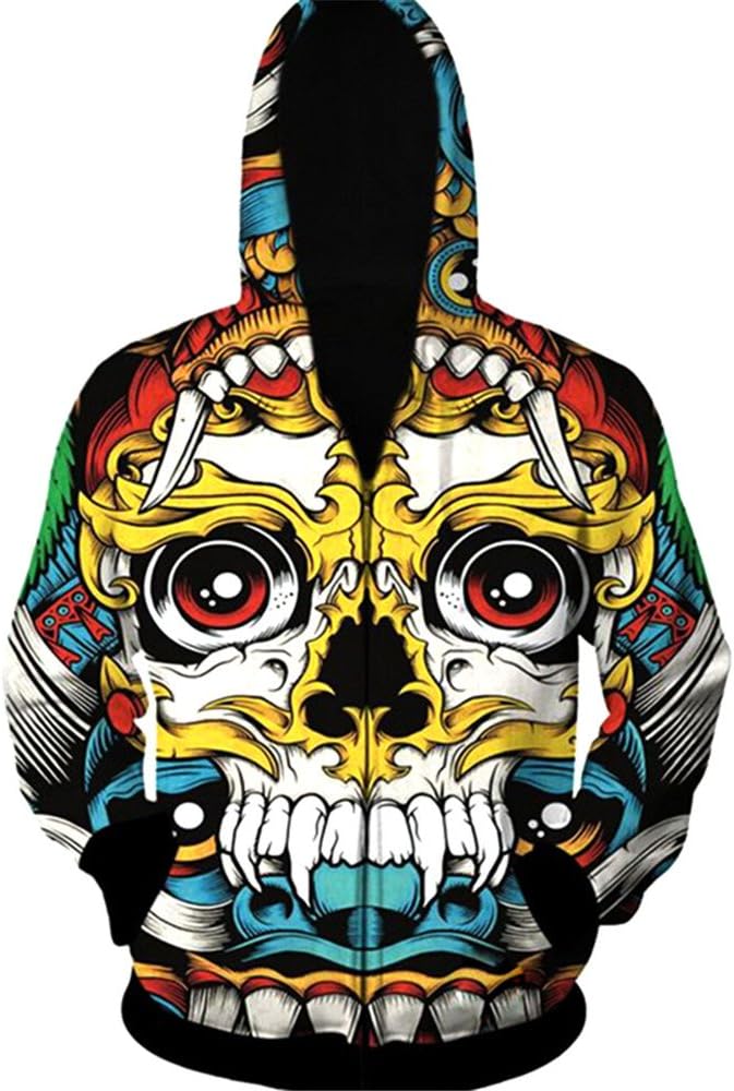 Herebuy8 Men's Hooded Sweater 3D Skull Print Zipper Cardigan Hoodie