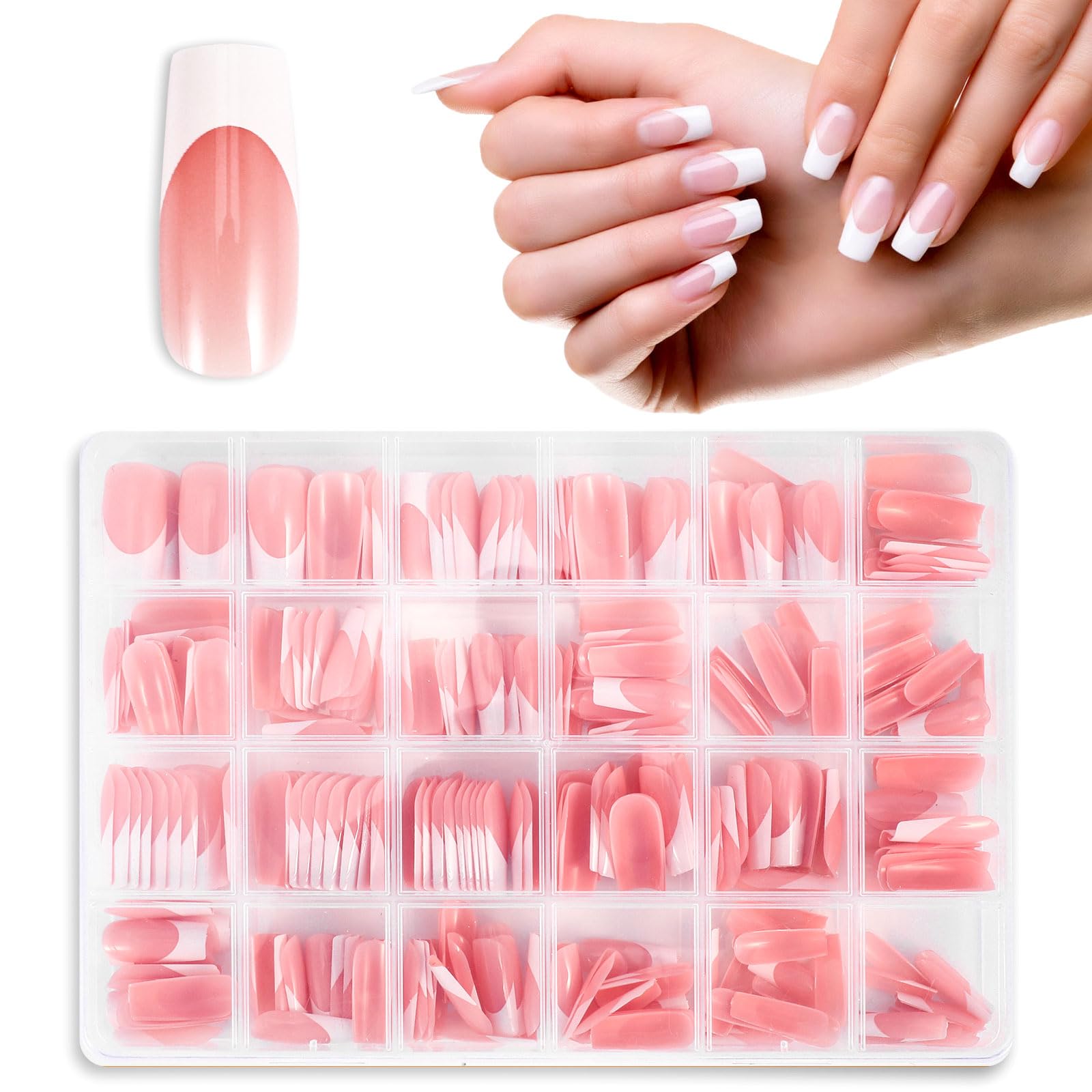 JSRQT 360 Pieces French Tip False Nails Artificial Acrylic Full Cover Fake Press on Square Long Nude Color Stick Art Manicure Decorations for Women Girls