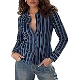 Women Y2k Button Down Slim Fit Shirt Lapel V Neck Striped/Solid Long Sleeve Blouse Back Tie Work Office Top