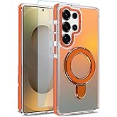 MOWIME Magnetic for Samsung Galaxy S25 Ultra Case with Stand [Compatible with Magsafe] [Cute Fluorescent Design] [1 Screen Protector] Slim Translucent Matte Case for Galaxy S25 Ultra 6.9", Orange