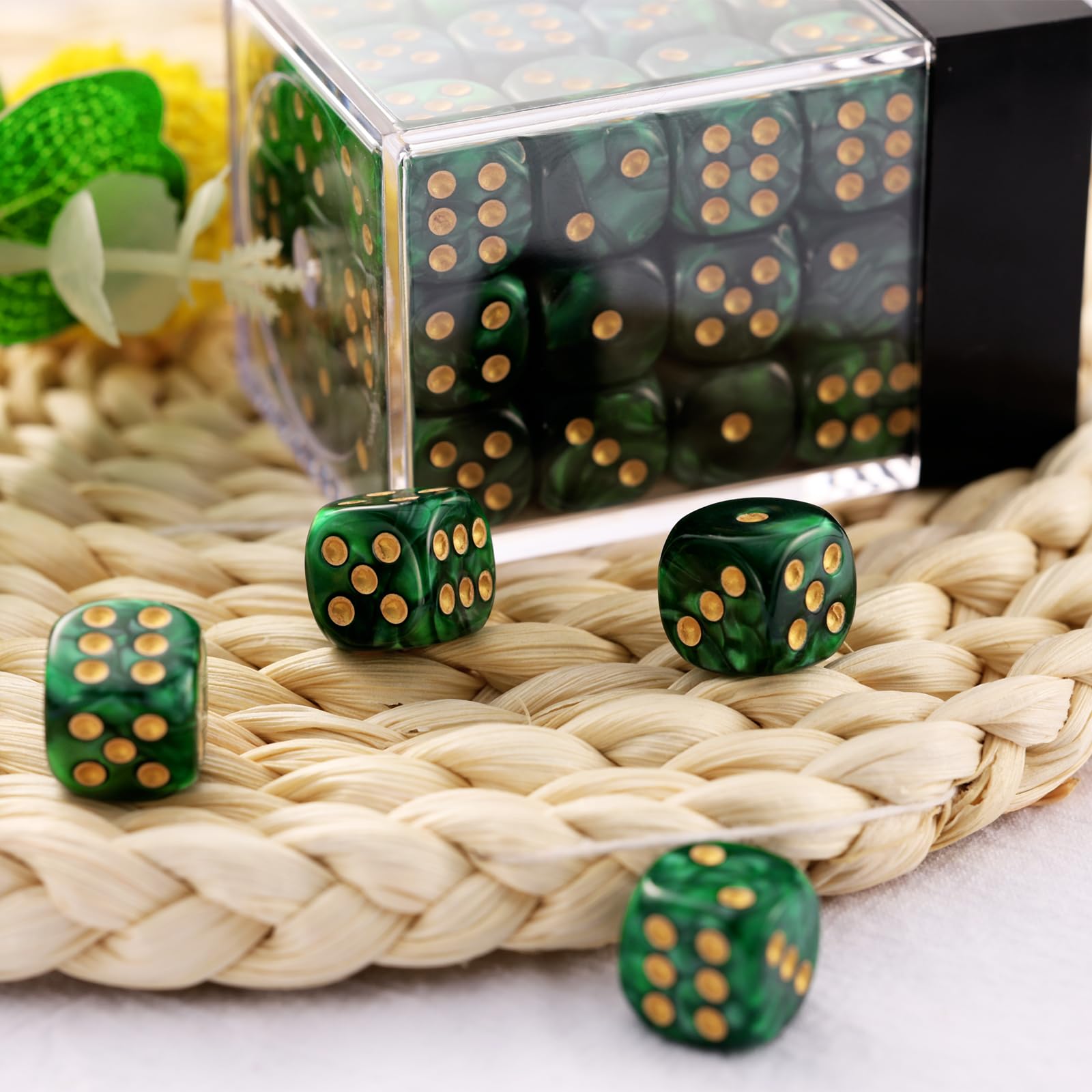 36 of Pack 12MM 6 Sided MINI Dice Set,Pearl Pattern Game Dice Set, 6 Sided Standard Dices for Yahtzee, Bunco or Teaching Math,with Portable Plastic Box(Green Pearl)