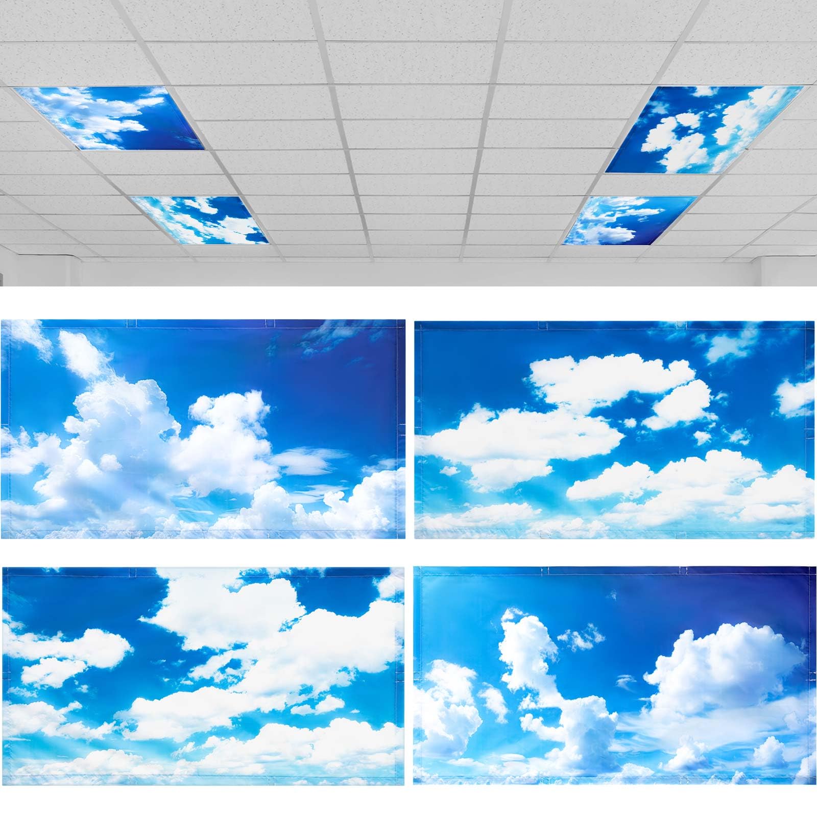 Photo 1 of ROCEEI Pack of 4 Fluorescent Light Covers for Ceiling Lights, 4 x 2 Ft, Magnetic Light Covers for Classroom Office Home School Ceiling Decor(Blue Sky White Clouds)