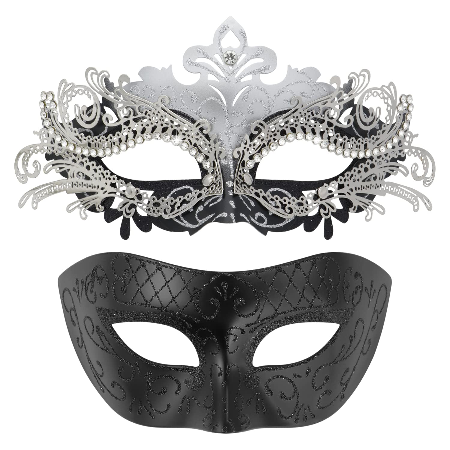 Coddsmz Couples Masquerade Masks Metal Masks Mardi Gras Prom Mask Venetian Party Mask Halloween Costumes Accessory (black silver)