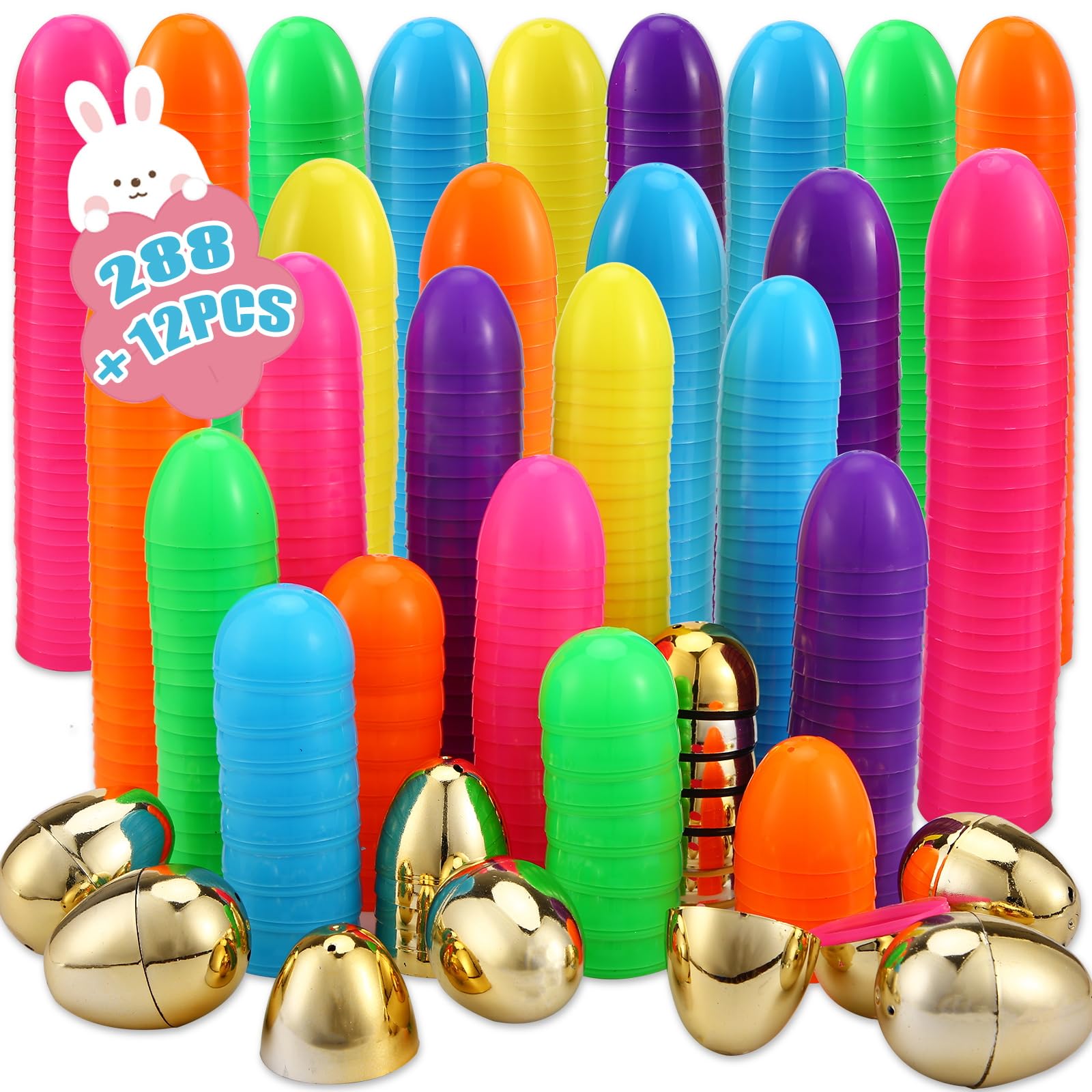 Abakuku 300 Pcs Easter Eggs,2.35" Assorted Bright Colors Plastic Easter Eggs for Easter Hunt,Easter Themed,Decorations,Basket Stuffers Fillers