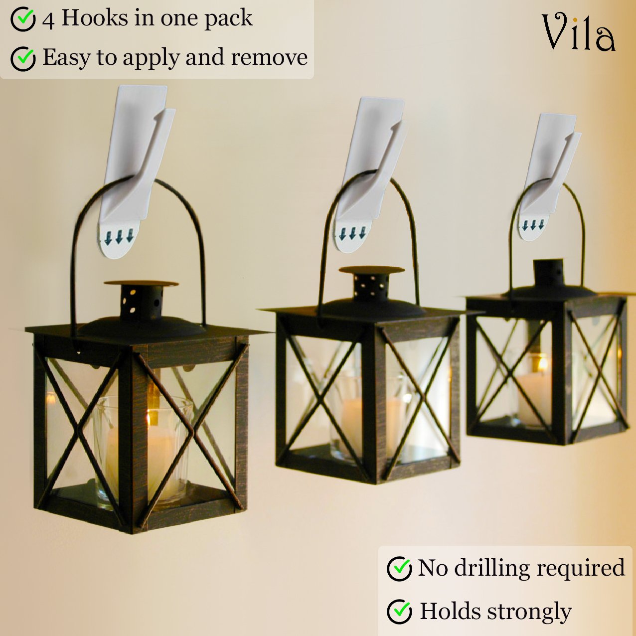 4 Self-stick Multi-purpose Utility Hooks by Vila: Sturdy and strong, holds up to 2 lbs: Easy removal with NO wall damage: Perfect for a dorm room or rental apartment