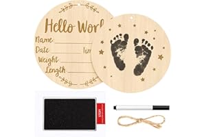 KINYFY 5.9 Inch Baby Birth Announcement Sign, Round Hello World Newborn Signs with Marker Pen and Ink Pad, Wooden Double Sided Welcome Baby to the World Signs for Hospital, Babies Nursery, Photo Props