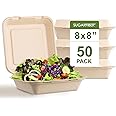 [50 COUNT]Sugarfiber by Harvest Pack 8 X 8" Compostable Clamshell Food Containers, Heavy-Duty to go Hinged Container, Disposable Bagasse Eco-Friendly Natural Takeout to go Box, Made from Sugarcane