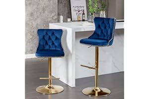 i-POOK Swivel Bar Stools Set of 2, Adjustable Counter Height Barstools with High Back, Button Tufted and Nailheads Trim, Velvet Upholstered Bar Chairs for Home Bar Kitchen Island Cafe, Blue