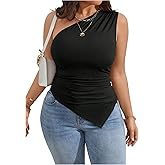 WDIRARA Women's Plus Size One Shoulder Tank Top Ruched Asymmetrical Sleeveless Tops