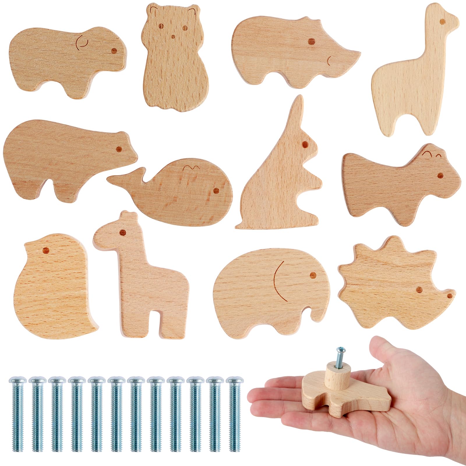 12Pcs Wooden Cabinet Knobs with Screws, 25cm Cute Animal Shape Furniture Pull Handle for Kids Room, Log Color Wooden Handles for Cabinets for Children's Room Nursery