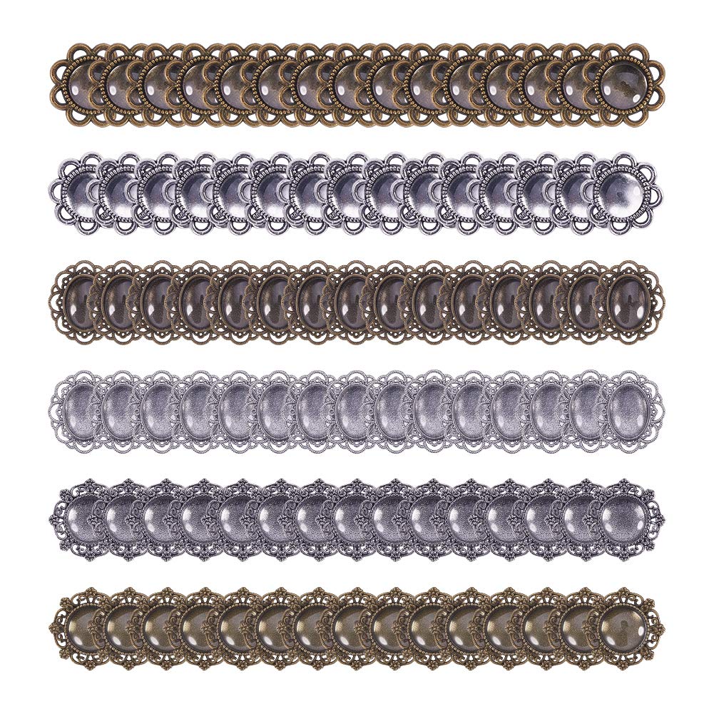 NBEADS Oval Pendant Tray with Cabochons, 90 Pcs Silver and Bronze Mixed Alloy Pendant Settings for Necklace Jewellery Making