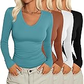 Velvelhall 4 Pack Women's Long Sleeve Shirts Tight V Neck Slim Fitted Tops Stretchy Casual Basic T Shirts Layering Tees 2026