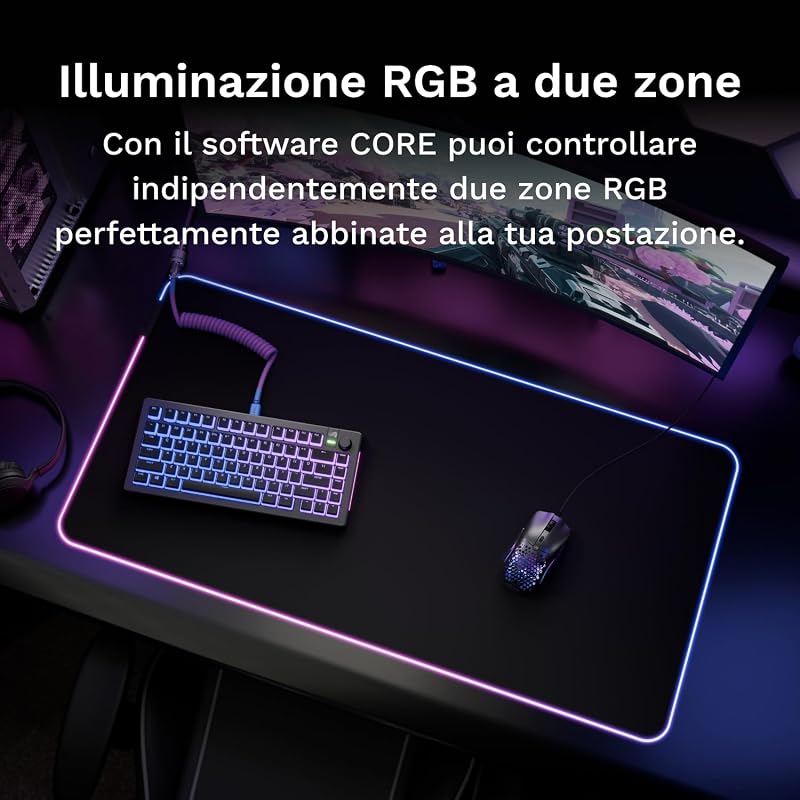 Gaming Musmatta GMP 2 GLED Large Extended – 2-Zones RGB-belysning, InfiniGlow sömlös kant, Premium tygyta, Halkfri gummibas – 915 mm×280 mm×3 mm – extra stor skrivbordsmatta