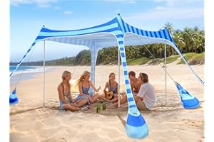2PM SPORTS Beach Tent Canopy with UPF50+ UV Protection, Outdoor Large Beach Sun Shade Shelter for Family Picnic Camping Travel Shore Fishing, 8 Sandbags, Sand Shovel (Striped Blue, 10x10 FT)