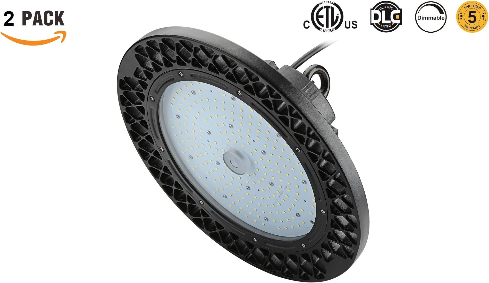 iLEDlite Highbay UFO 150W(600W HID/HPS equivalent), 19500 Lumens, 5000K, LED Round, ETL DLC Premium Listed, Indoor Area Warehouse Factory Lighting(2-Pack)