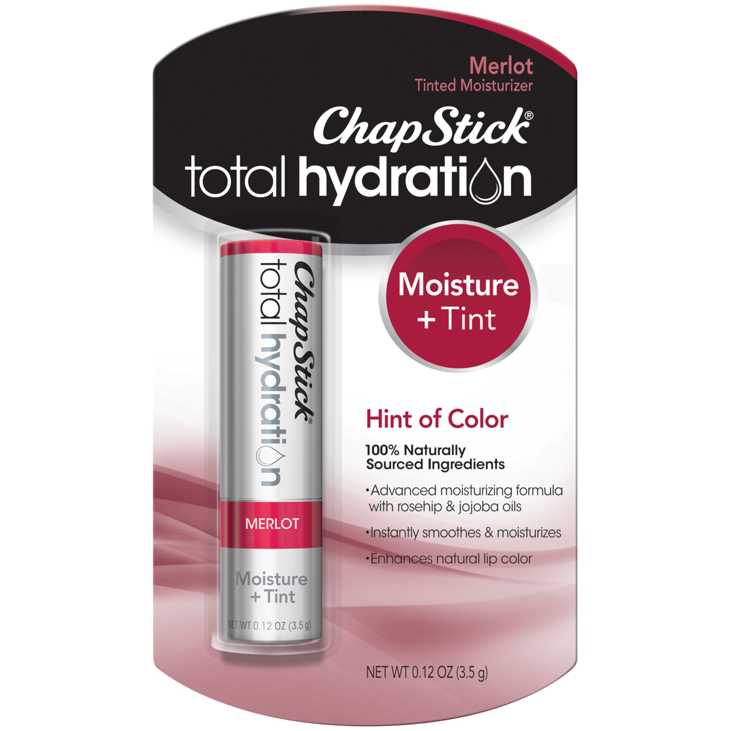 ChapStick Total Hydration (Merlot Tint, 1 Blister Pack of 1 Stick) Tinted Moisturizer, 100% Natural Lip Color and Lip Treatment, 0.12 Ounce