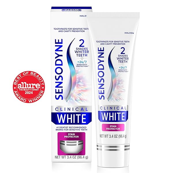SENSODYNE CLINICAL WHITE TOOTHPASTE CLINICALLY PROVEN WHITENING FOR SENSITIVE TEETH, STAIN PROTECTOR, 3.4 OZ