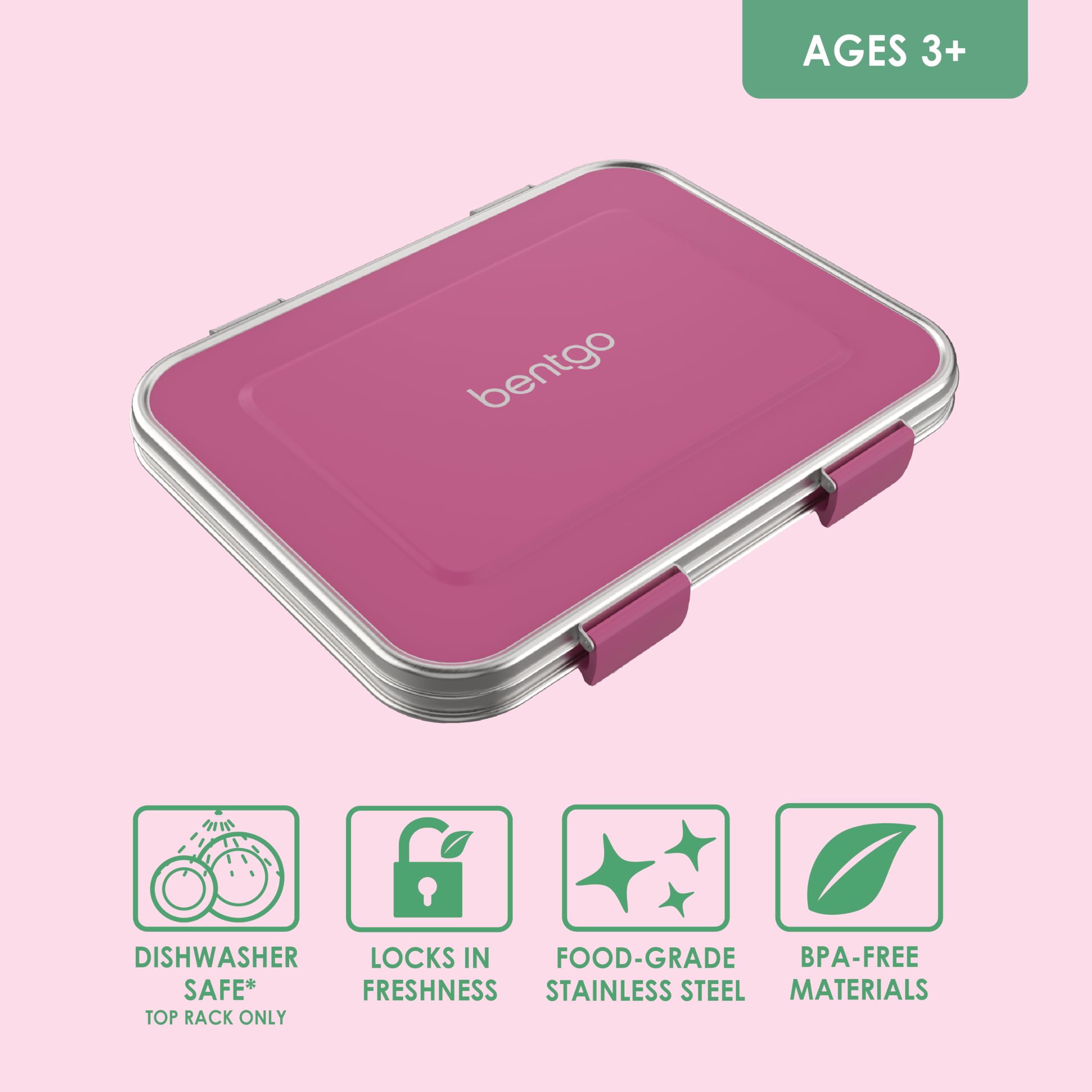 Bentgo Kids Stainless Steel Leak-Resistant Lunch Box - 3-Compartments with Bonus Silicone Container, Durable, Eco-Friendly, Dishwasher Safe, BPA-Free, Ideal for School, Ages 3+ (Fuchsia)