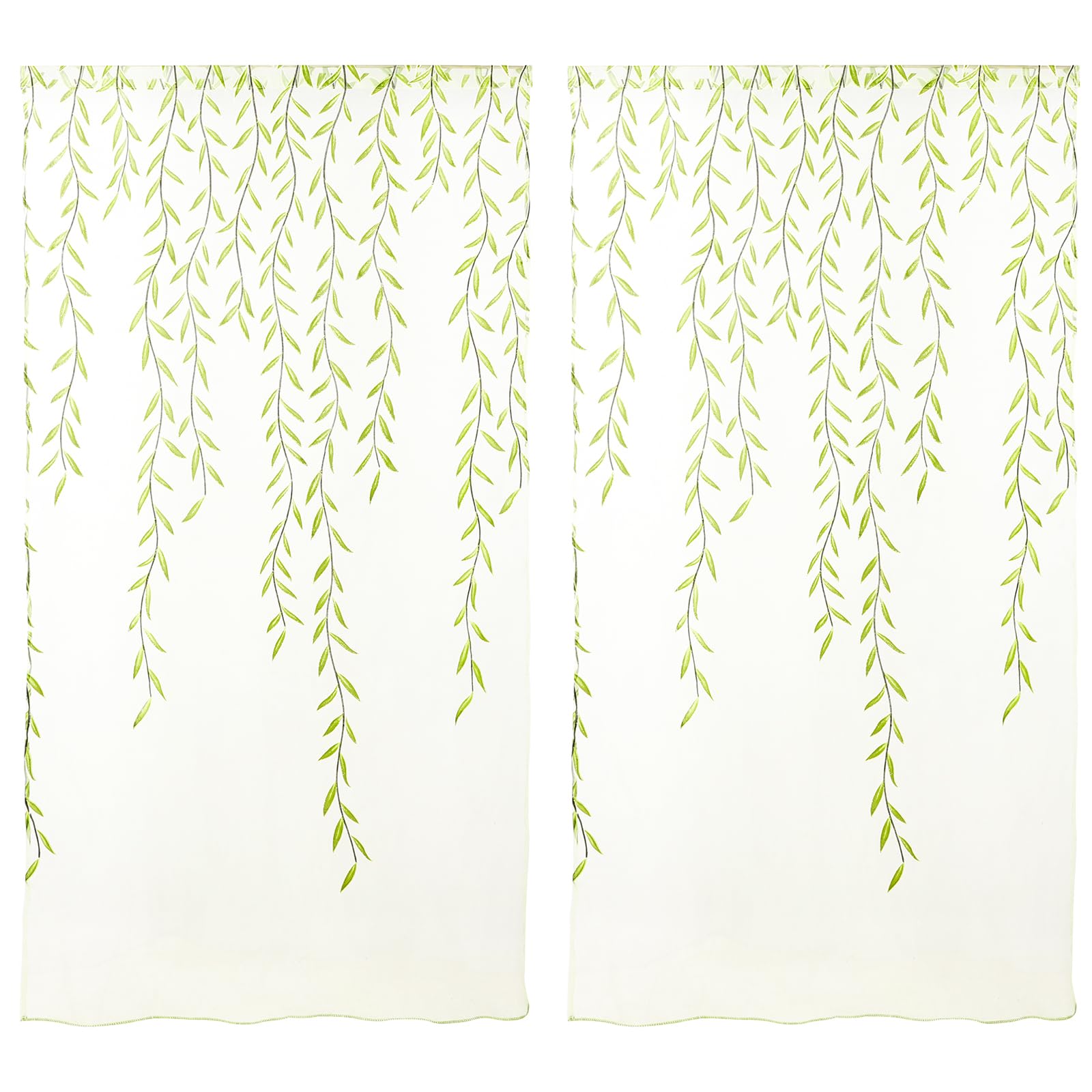 Green Voile Curtains, Willow Leaf Voile Curtains Rod Pockets Drapes Tulle Sheer for Bedroom, Living Room, Balcony Room Decoration 78 x 39inch