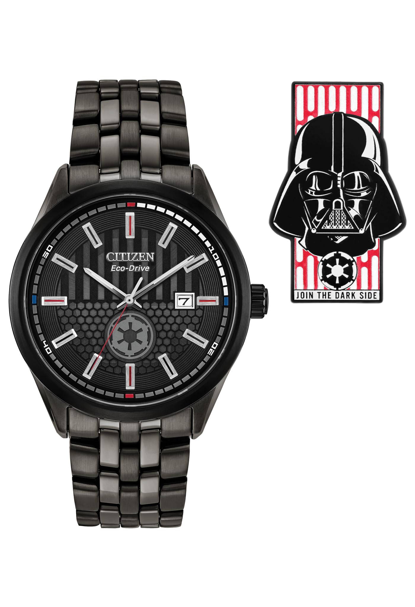 Citizen Men's Eco-Drive Star Wars Darth Vader Limited Edition Watch and Pin Box Set,Black Ion Plated Stainless Steel Watch, White Dial, 3 Hand, 41mm (Model: BM7255-61W)