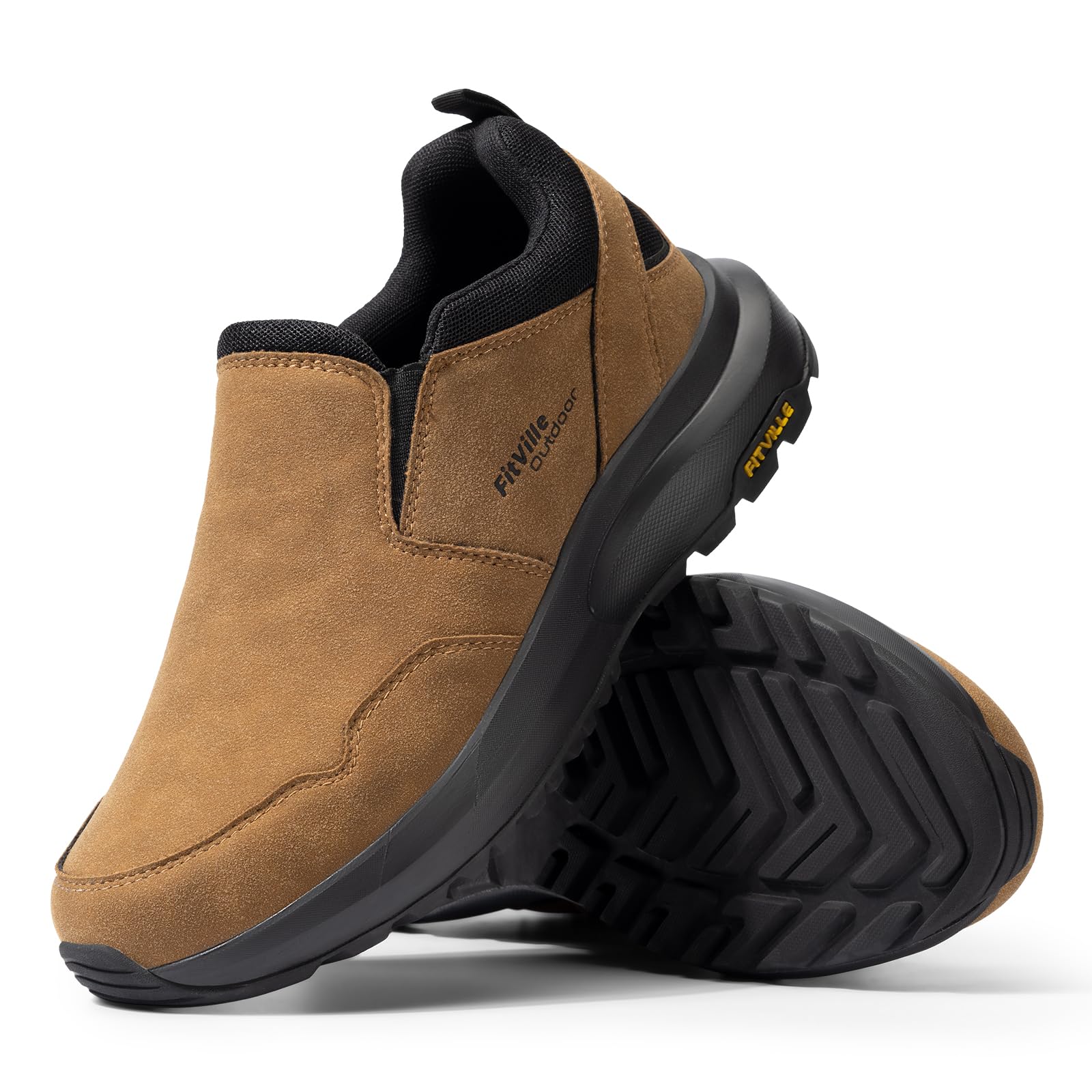 FitVille Slip On Wanderschuhe Herren Extra Breit Trekkingschuhe rutschfeste Outdoor Schuhe Atmungsaktiv Freizeitschuhe Leichte Walkingschuhe,Dünenbraun,46 EU,X-Weit 6